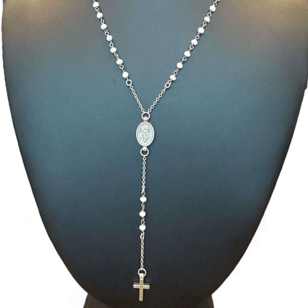 Silver Tone Virgin Mary Catholic Cross Rosary Necklace Adjustable Length